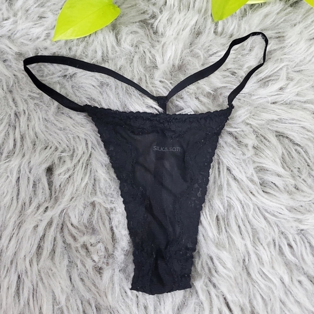 SILK and SATIN Black Lace Low Rise Thong Panty